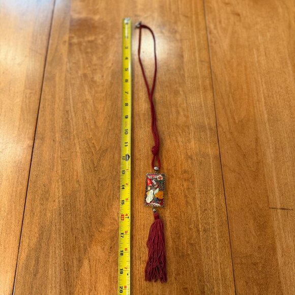 Asian Enamel Pendant on Red Rope Cord w. Tassel Long Necklace - Picture 9 of 9